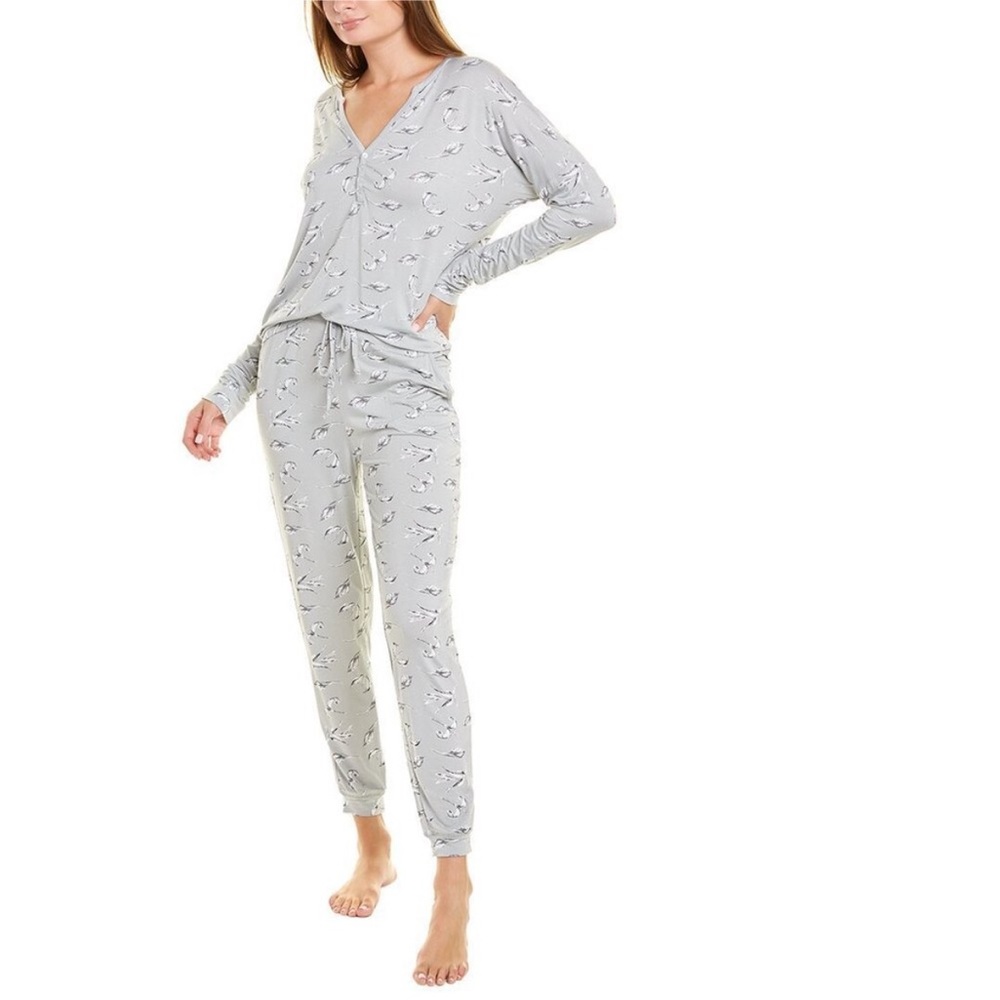 AQS 2-Piece Feather-Print Shirt & Pants Pajama Set NEW